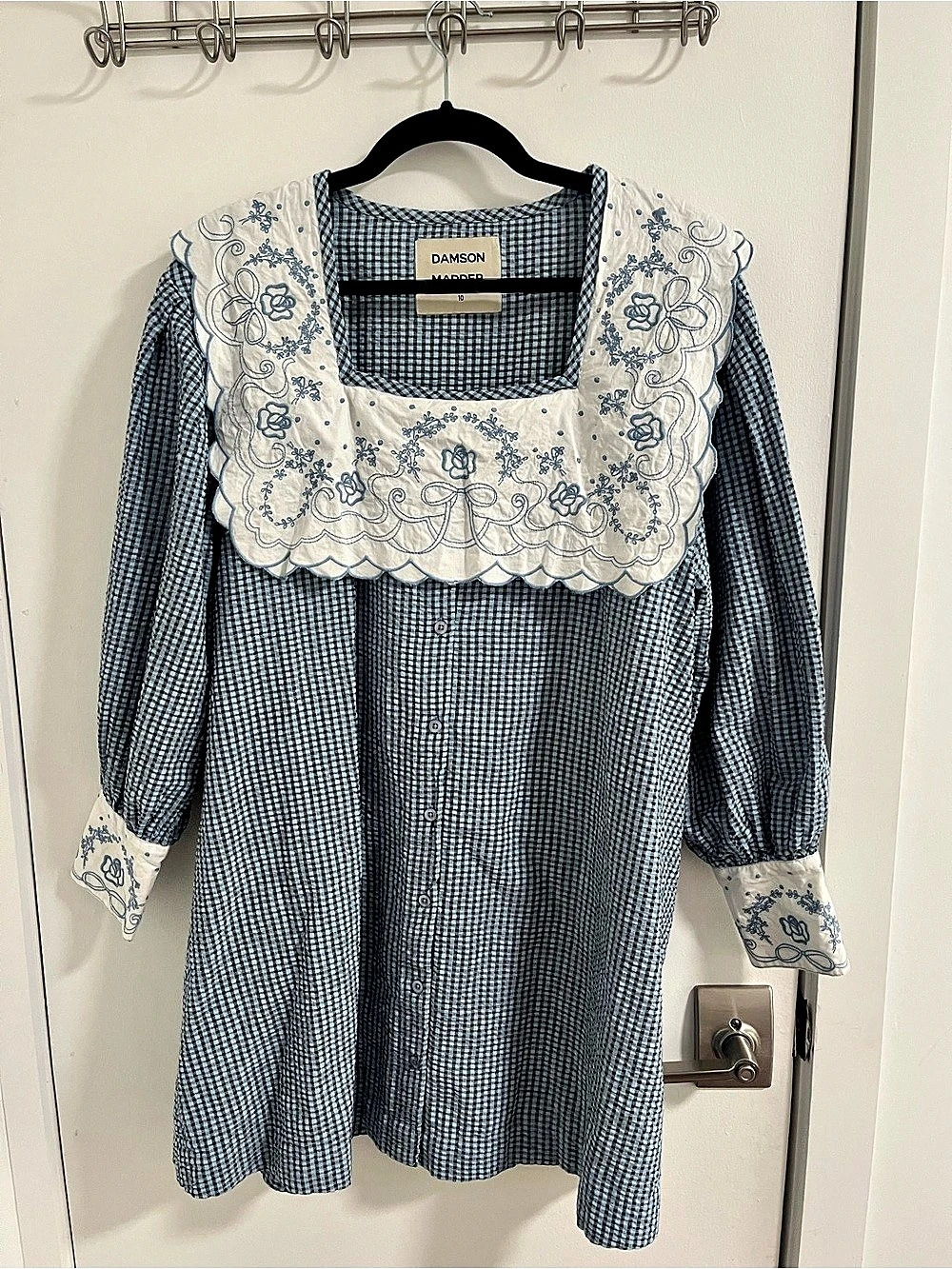 Damson Gingham Embroidered Blouse in Blue & White Like New